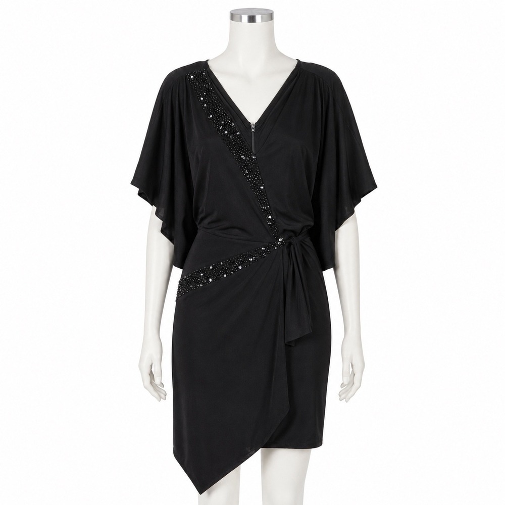 IZILADY Cape Sleeve Beaded Cocktail Dress Black Asymmetrical Womens M NWT
